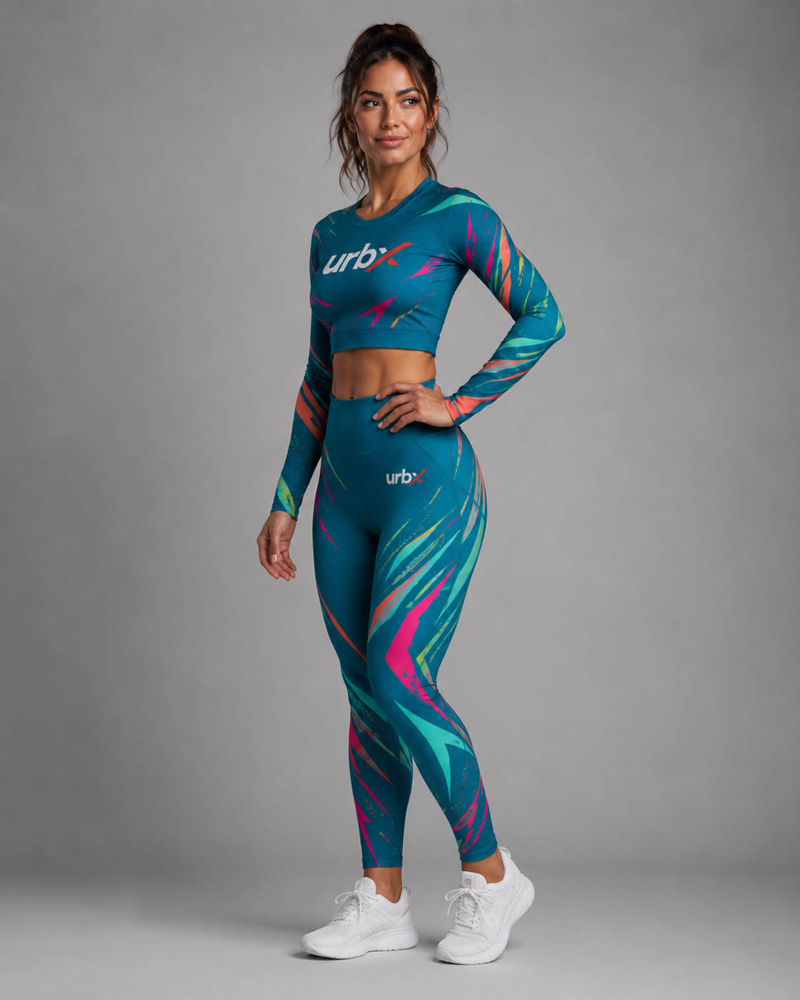 URBX Graphic Co-Ord Set Teal – Front walking view