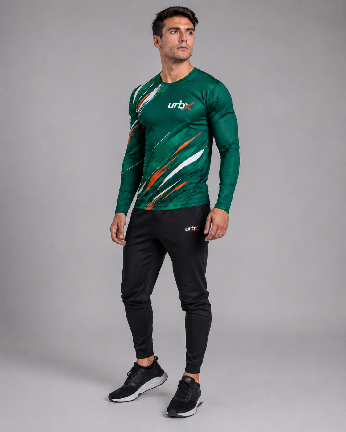 URBX Graphic Performance Long Sleeve Top Forest Green – Front angle view 2
