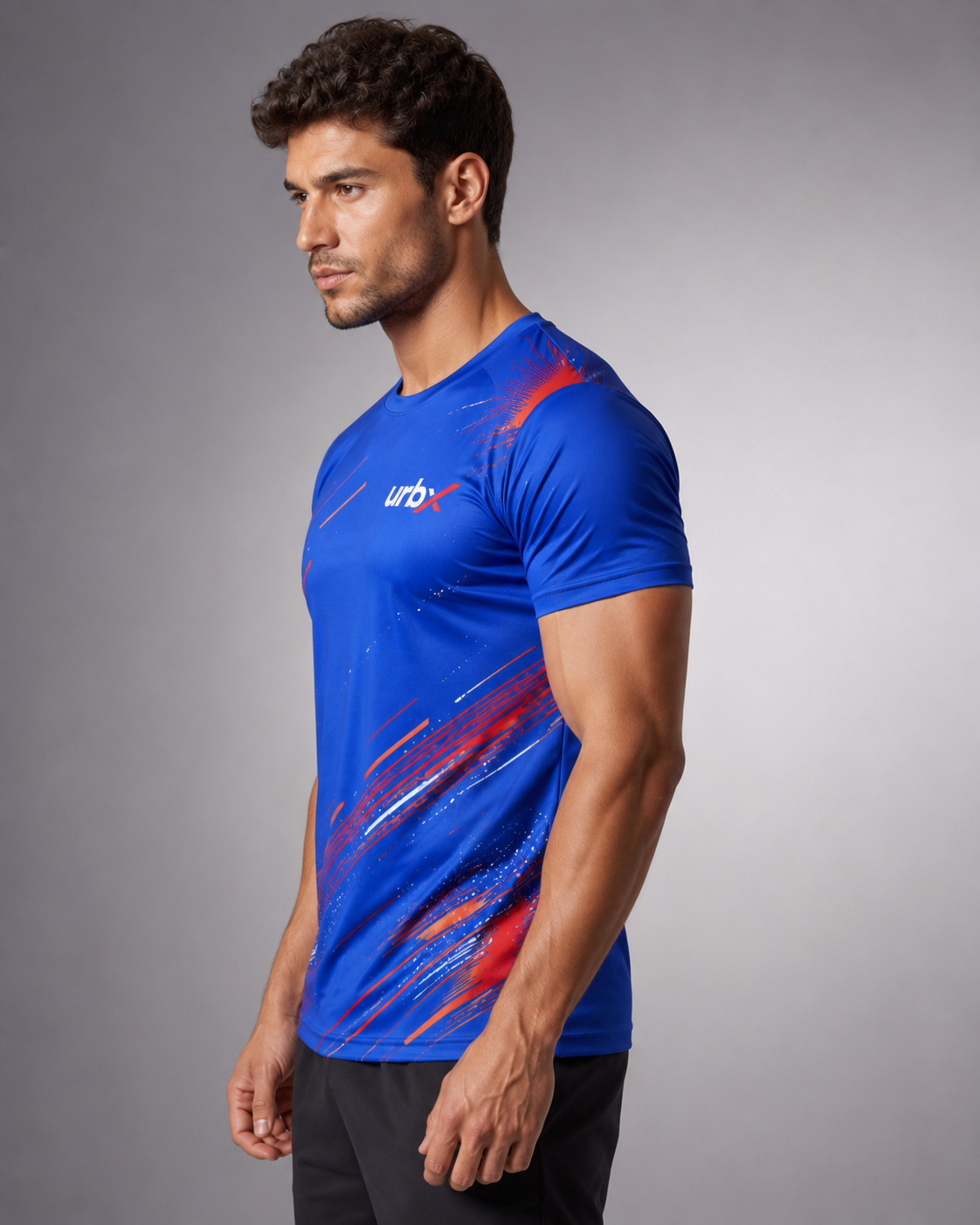 URBX Graphic Performance Tee Electric Blue – Side angle view 2