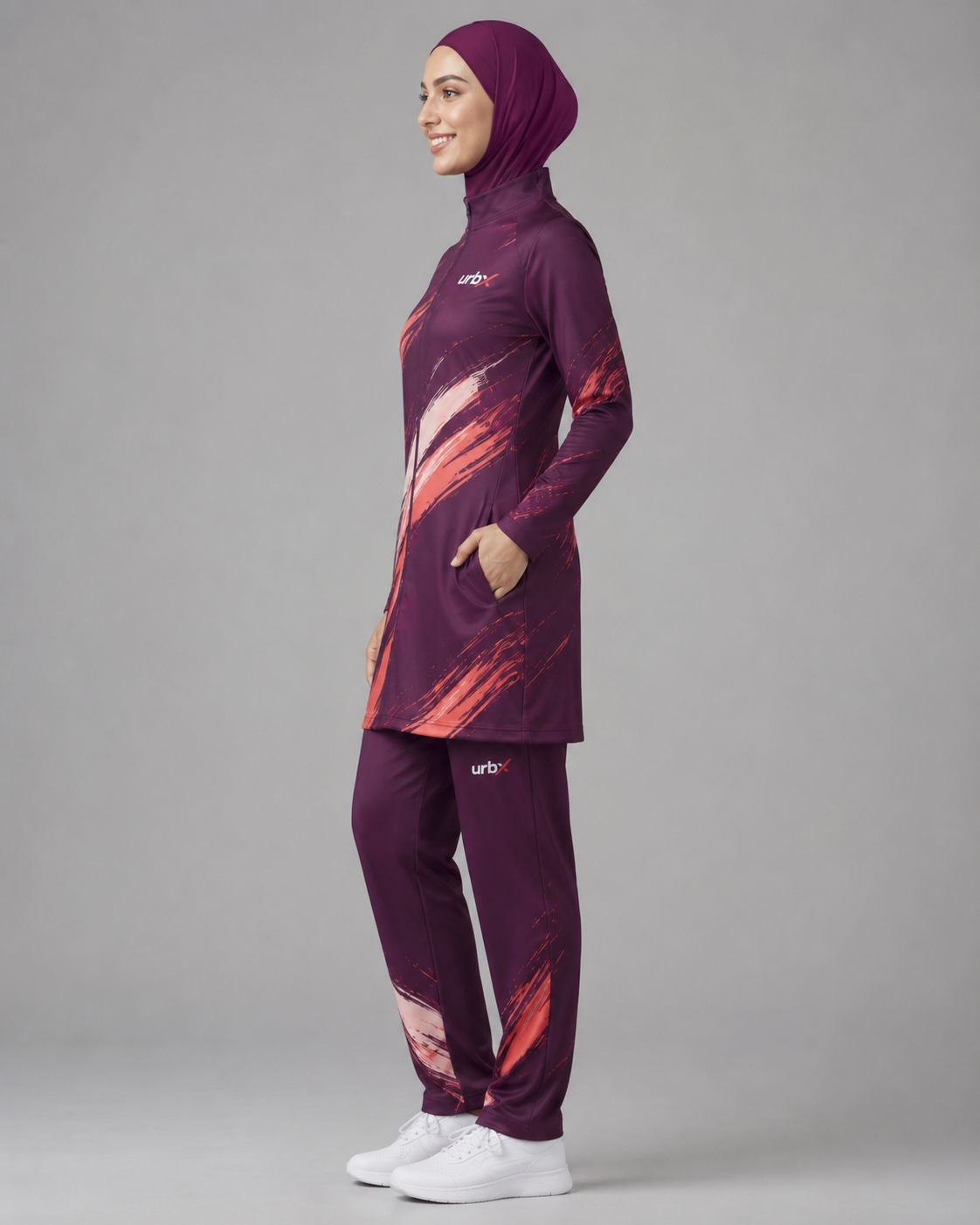 URBX Graphic Modest Activewear Set Deep Plum – Back straight view