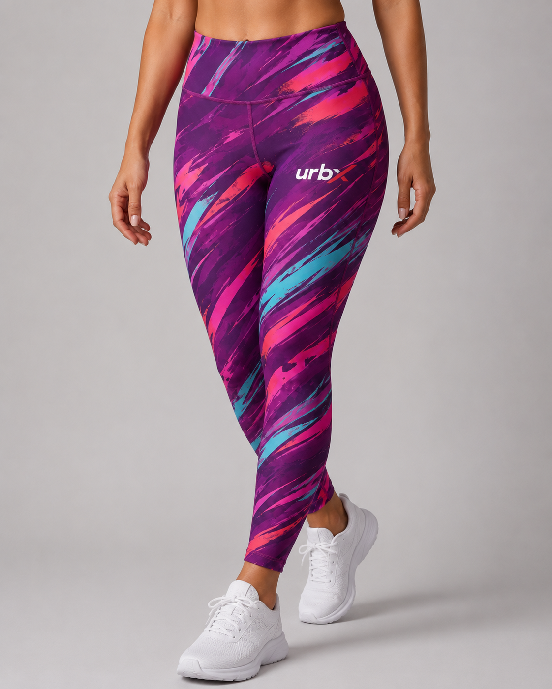 URBX Graphic High-Waist Leggings Deep Purple – Front walking view