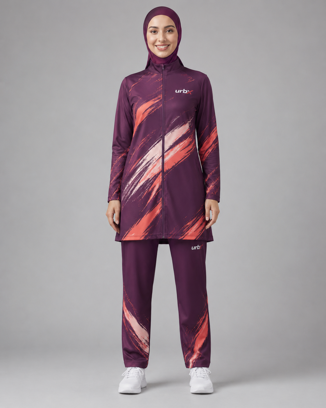 URBX Graphic Modest Activewear Set Deep Plum – Front angle view with hand in pocket