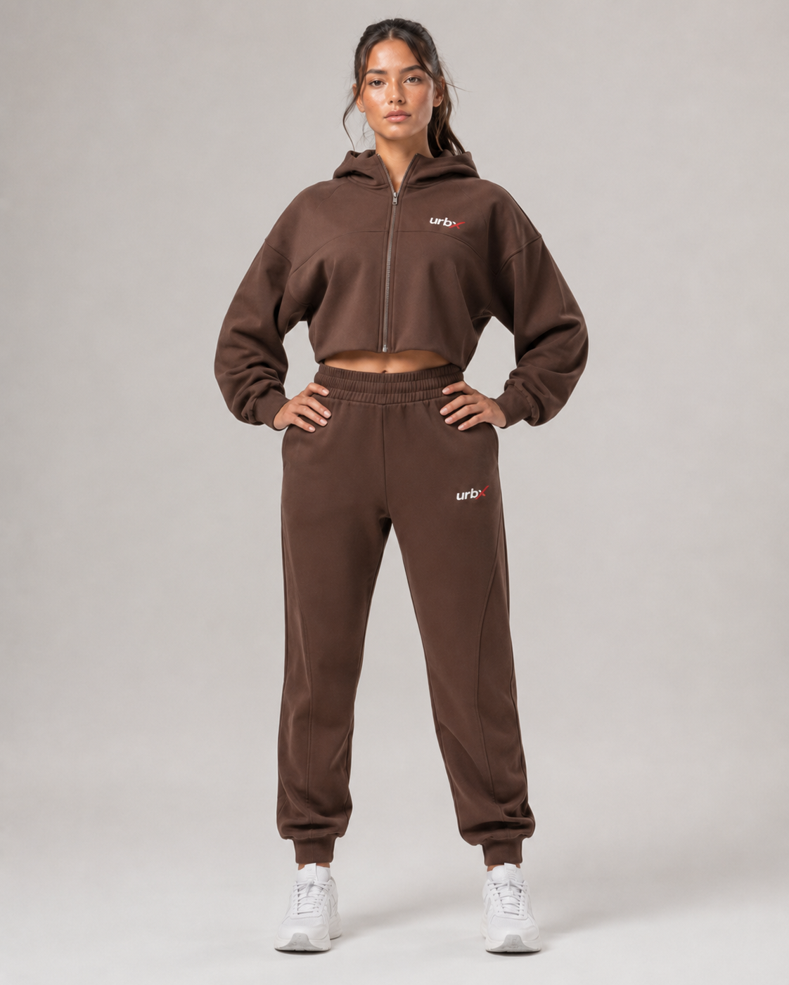 URBX Cropped Zip-Up Tracksuit Dark Chocolate - Front view hands on hips