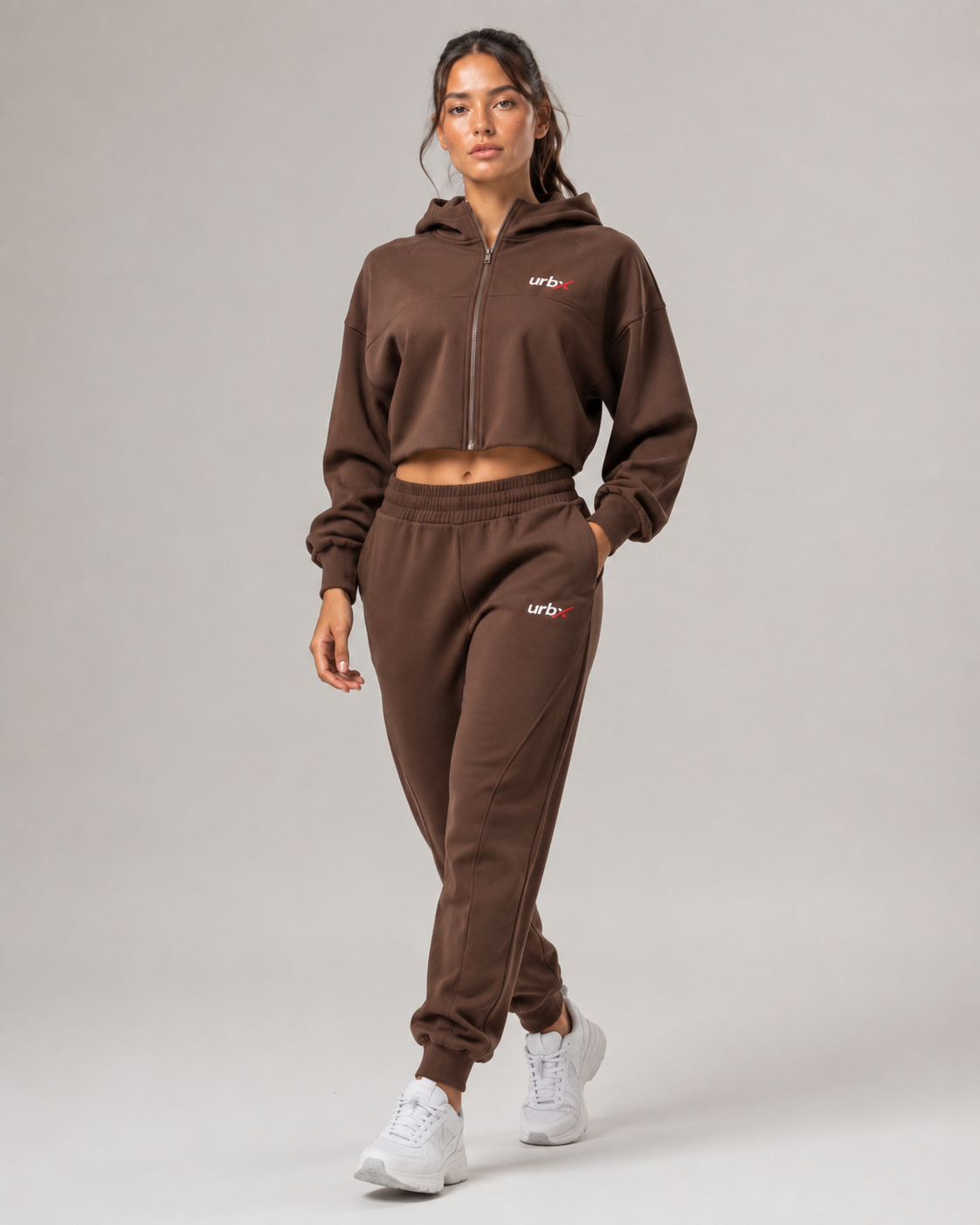 URBX Cropped Zip-Up Tracksuit Dark Chocolate - Walking lifestyle front view