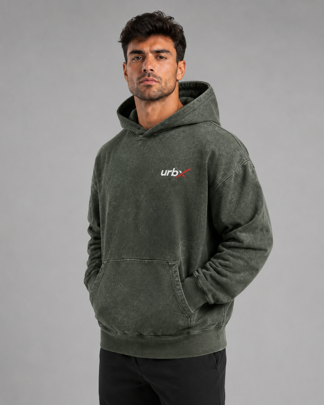 URBX Washed Oversized Hoodie Olive - Front view 2