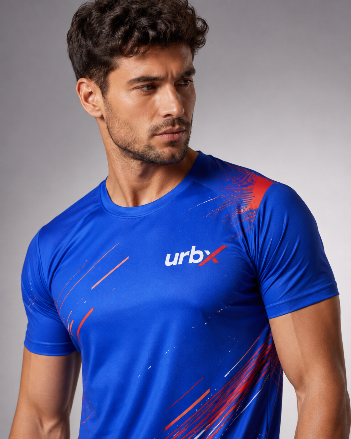 URBX Graphic Performance Tee Electric Blue – Side angle view 1