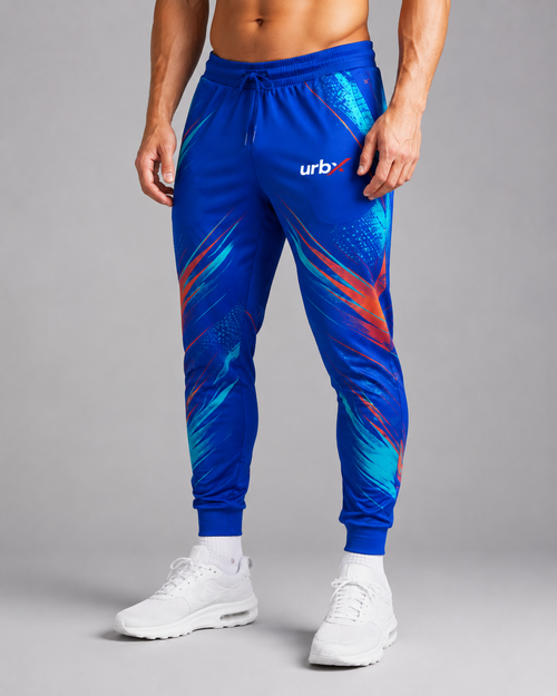 URBX Graphic Performance Joggers Royal Blue – Front angle view 1