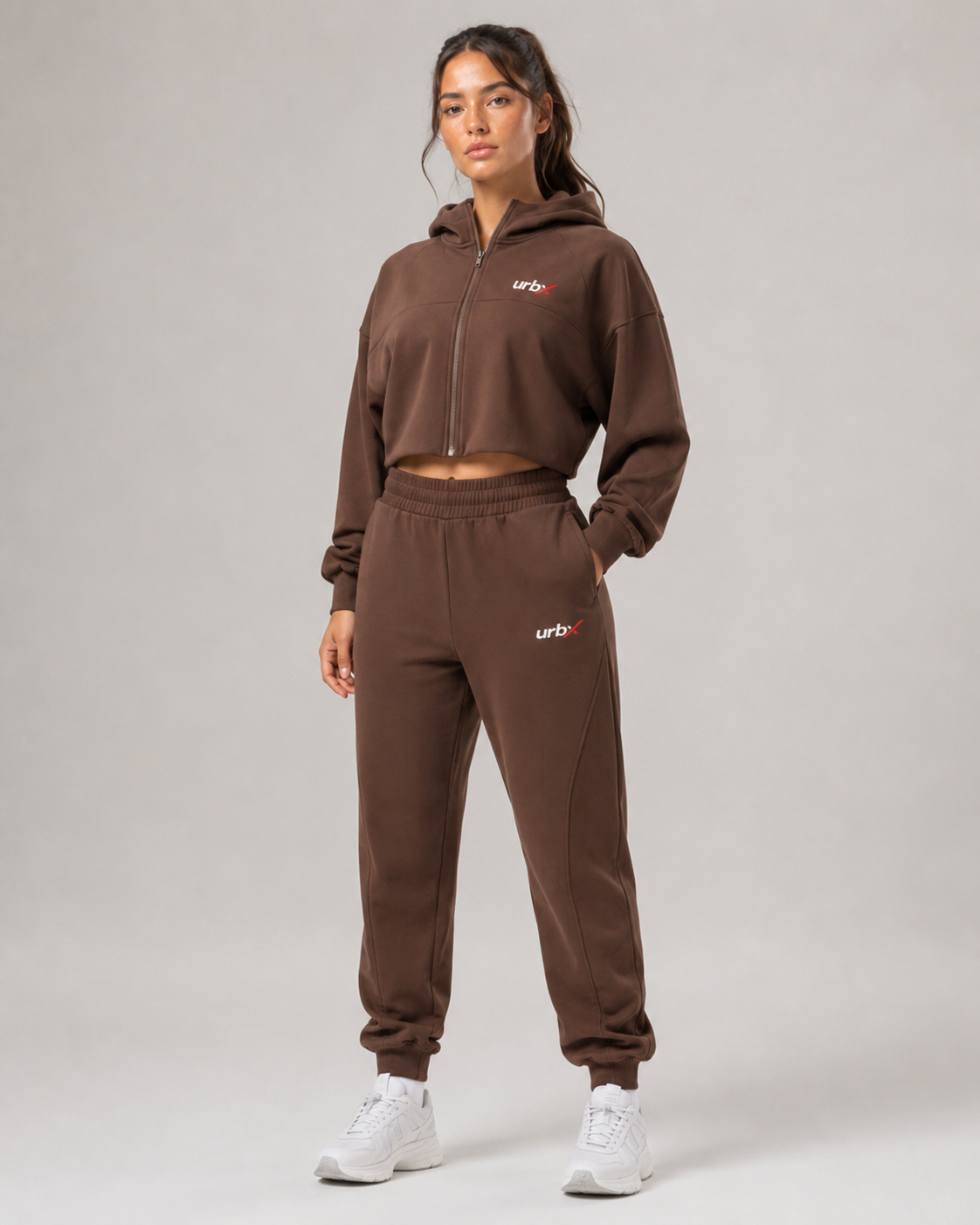 URBX Cropped Zip-Up Tracksuit Dark Chocolate - Side angle view