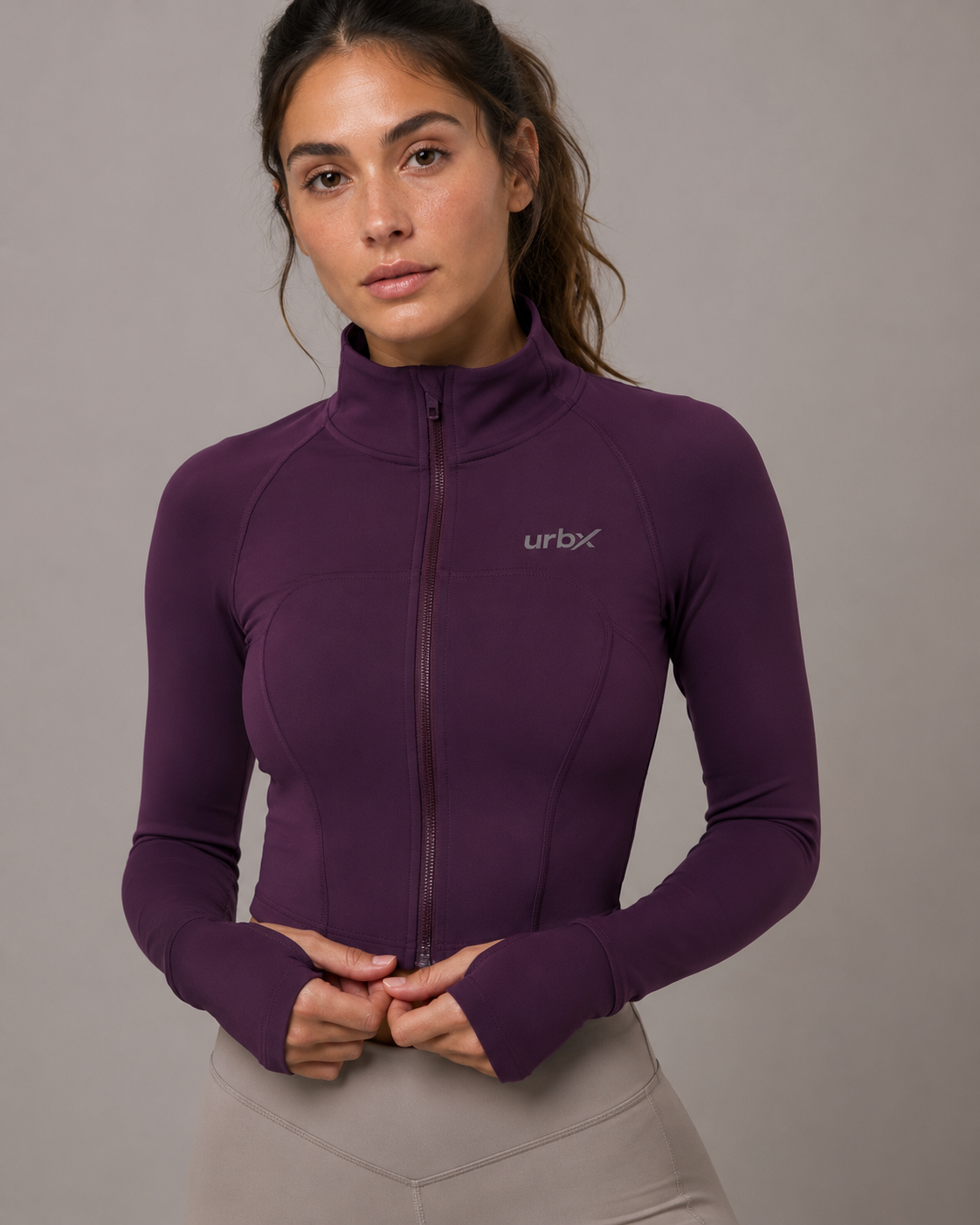 URBX Seamless Cropped Zip-Up Performance Jacket Plum - Front close-up view