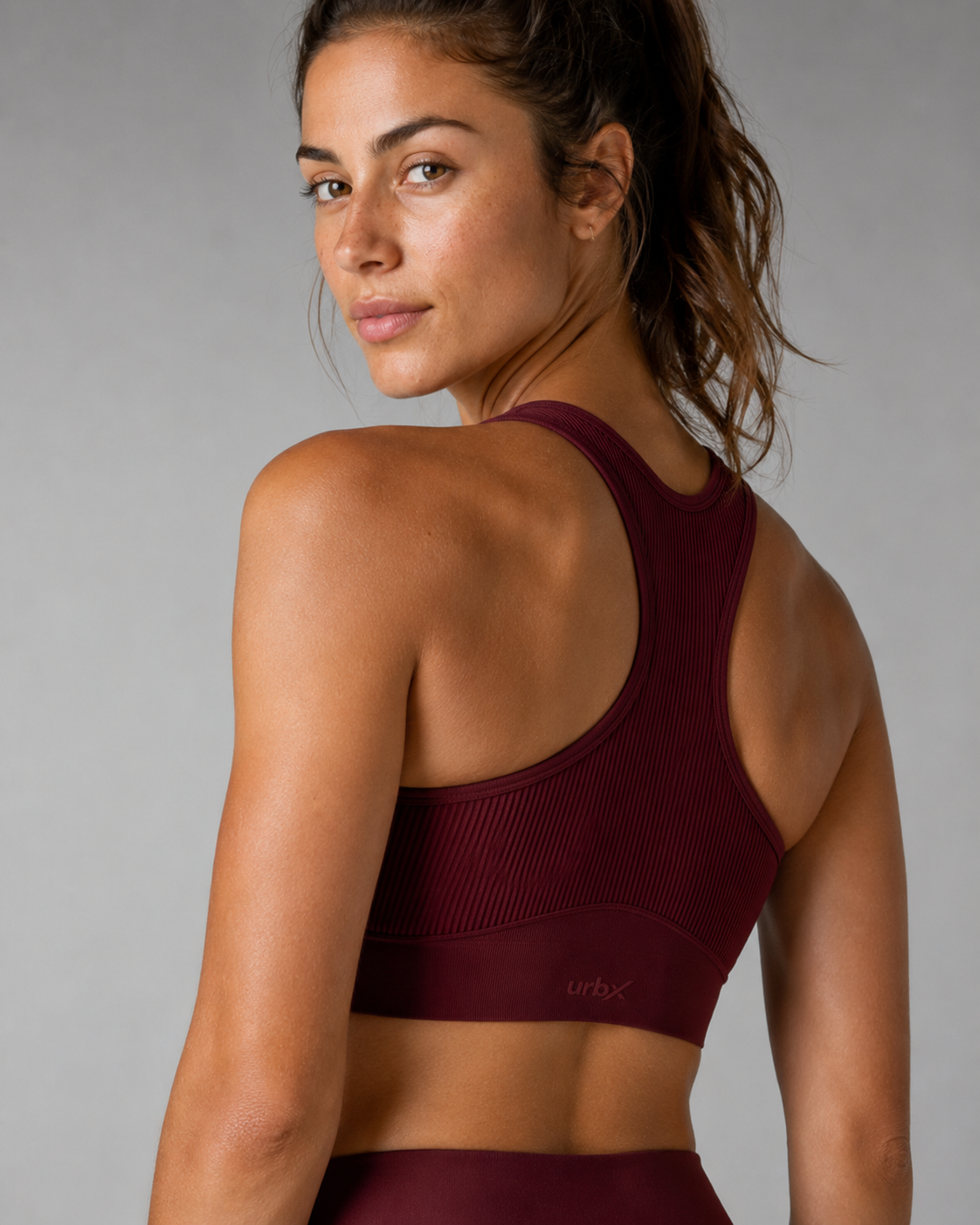 URBX Seamless Ribbed Racerback Sports Bra Burgundy - Back racerback view