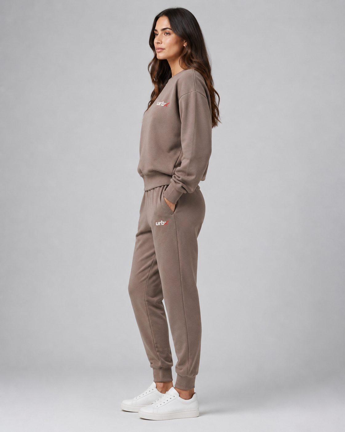 URBX Oversized Crewneck Lounge Set Mocha - Side profile left hand in pocket