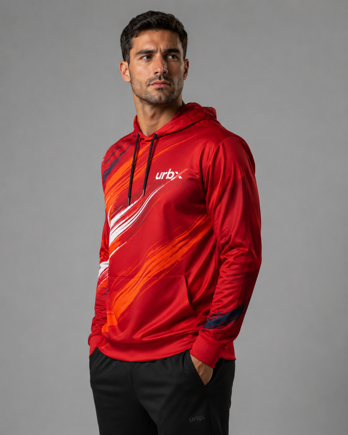 URBX Graphic Performance Hoodie Red – Side angle view