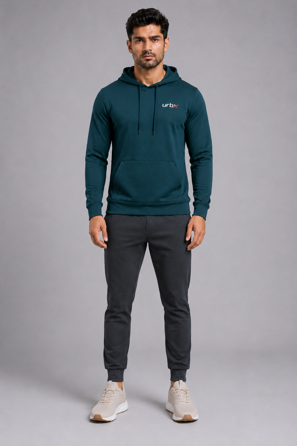 URBX Essential Pullover Hoodie Teal - Full Body Front Relaxed