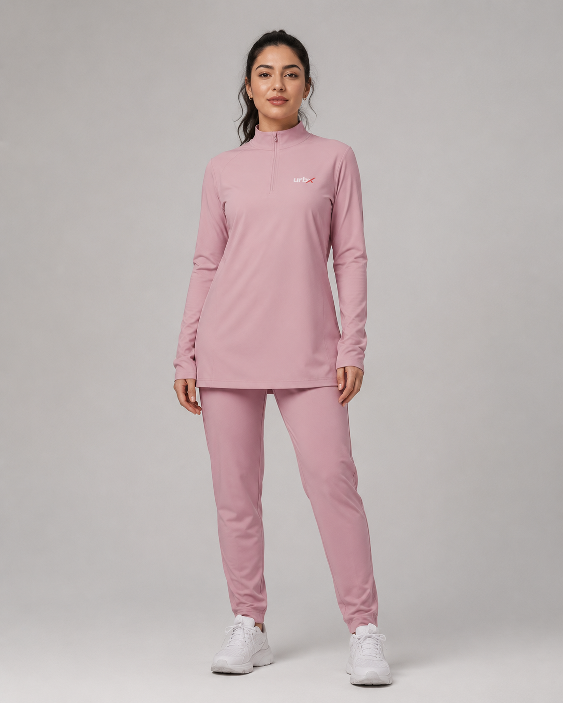 URBX Modest Quarter-Zip Training Set Blush Pink - Front straight full body
