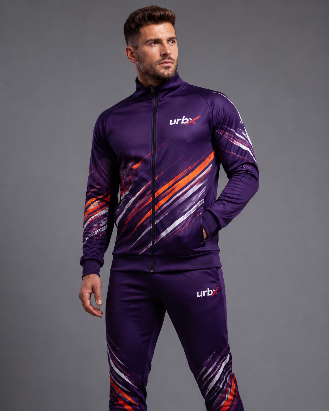 URBX Graphic Performance Tracksuit Deep Purple – Upper body close-up