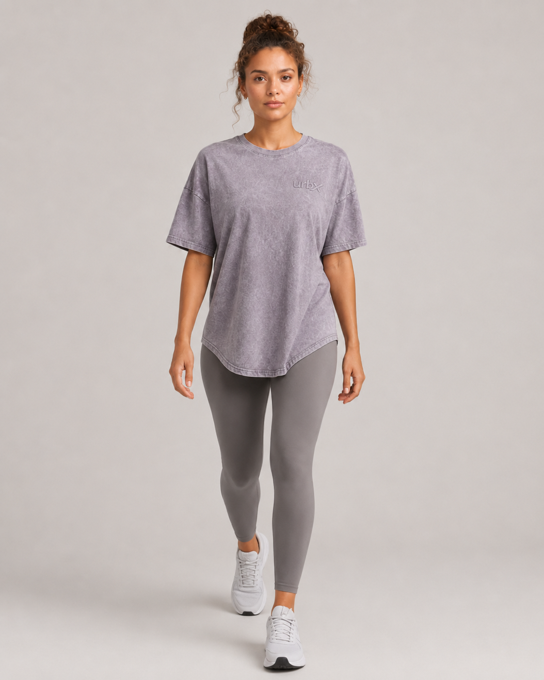 URBX Washed Oversized Tee Lavender Grey - Full body walking lifestyle