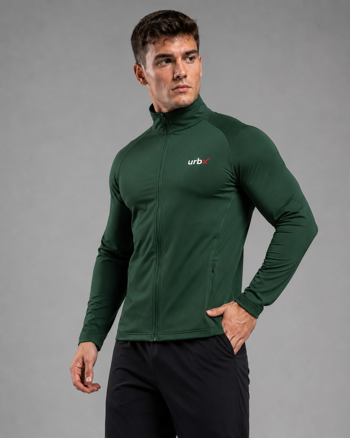URBX Elite Full-Zip Jacket Forest Green - Hand in Pocket View