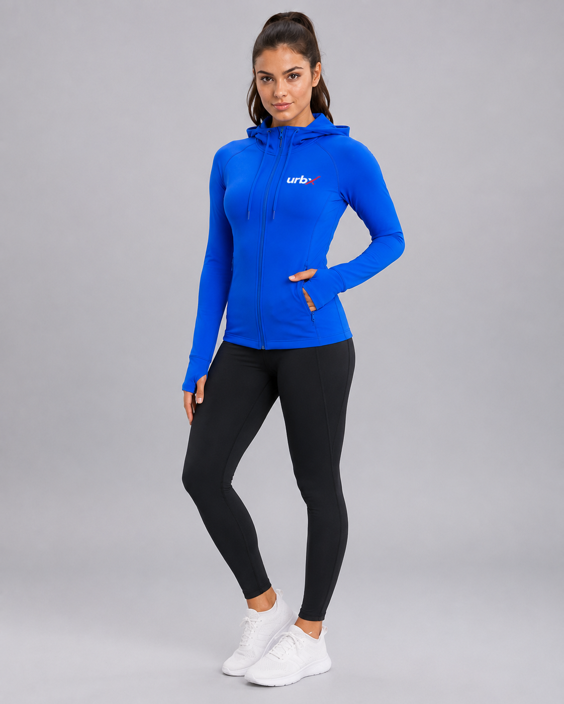 URBX Fitted Zip-Up Hoodie Jacket Electric Blue – Front pocket view
