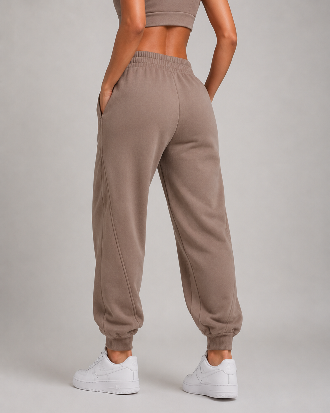 URBX Heavyweight High-Waist Joggers Taupe - Back view showing pintuck seam detail