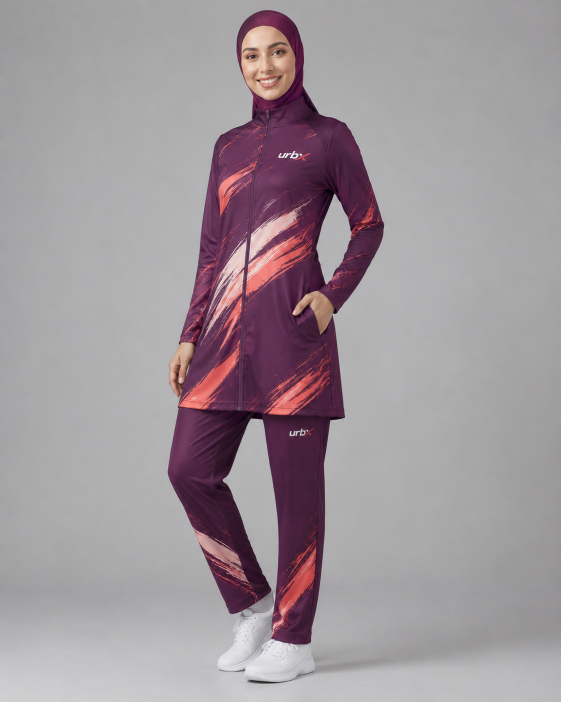 URBX Graphic Modest Activewear Set Deep Plum – Side view