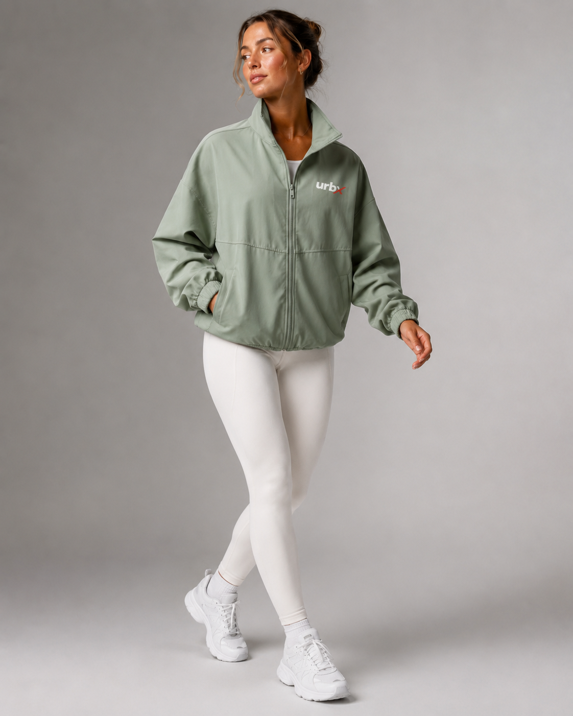 URBX Oversized Zip Jacket Sage Green - Walking front angle