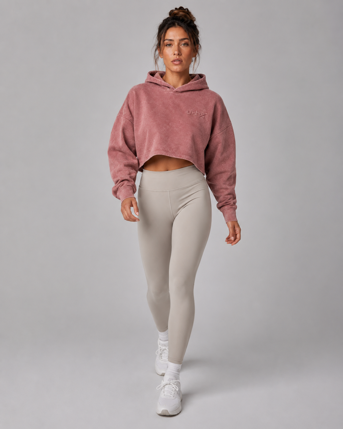 URBX Washed Cropped Oversized Hoodie Dusty Rose - Walking front lifestyle view