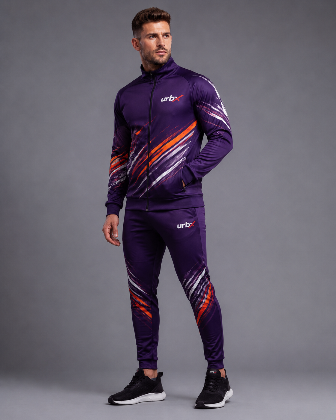 URBX Graphic Performance Tracksuit Deep Purple – Front pose view