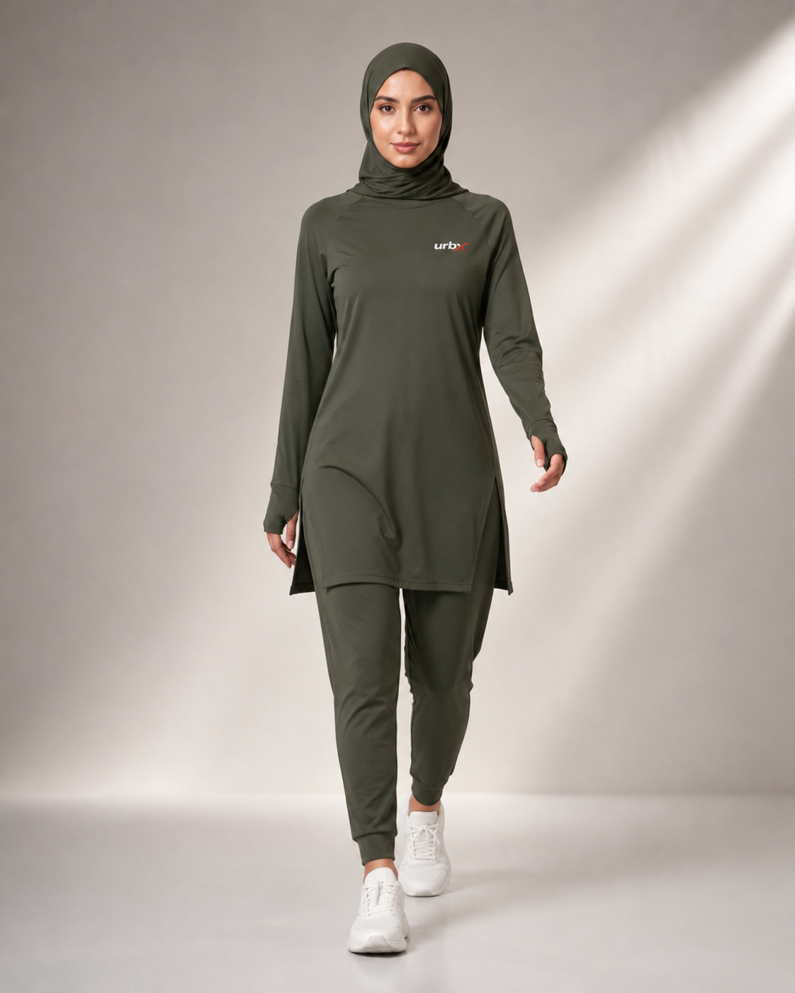 URBX Modest Active Set Olive Green - Walking front lifestyle view