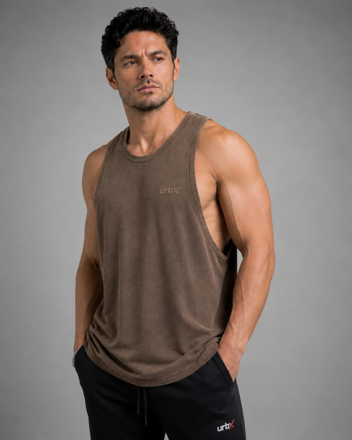 URBX Washed Drop-Arm Tank Top Mocha - Front view 2