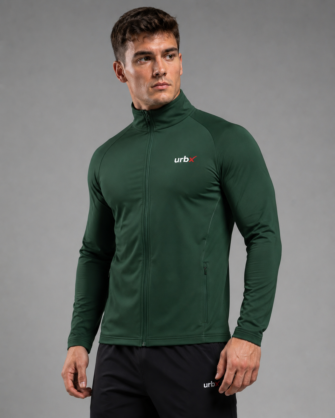 URBX Elite Full-Zip Jacket Forest Green - Three Quarter Front View