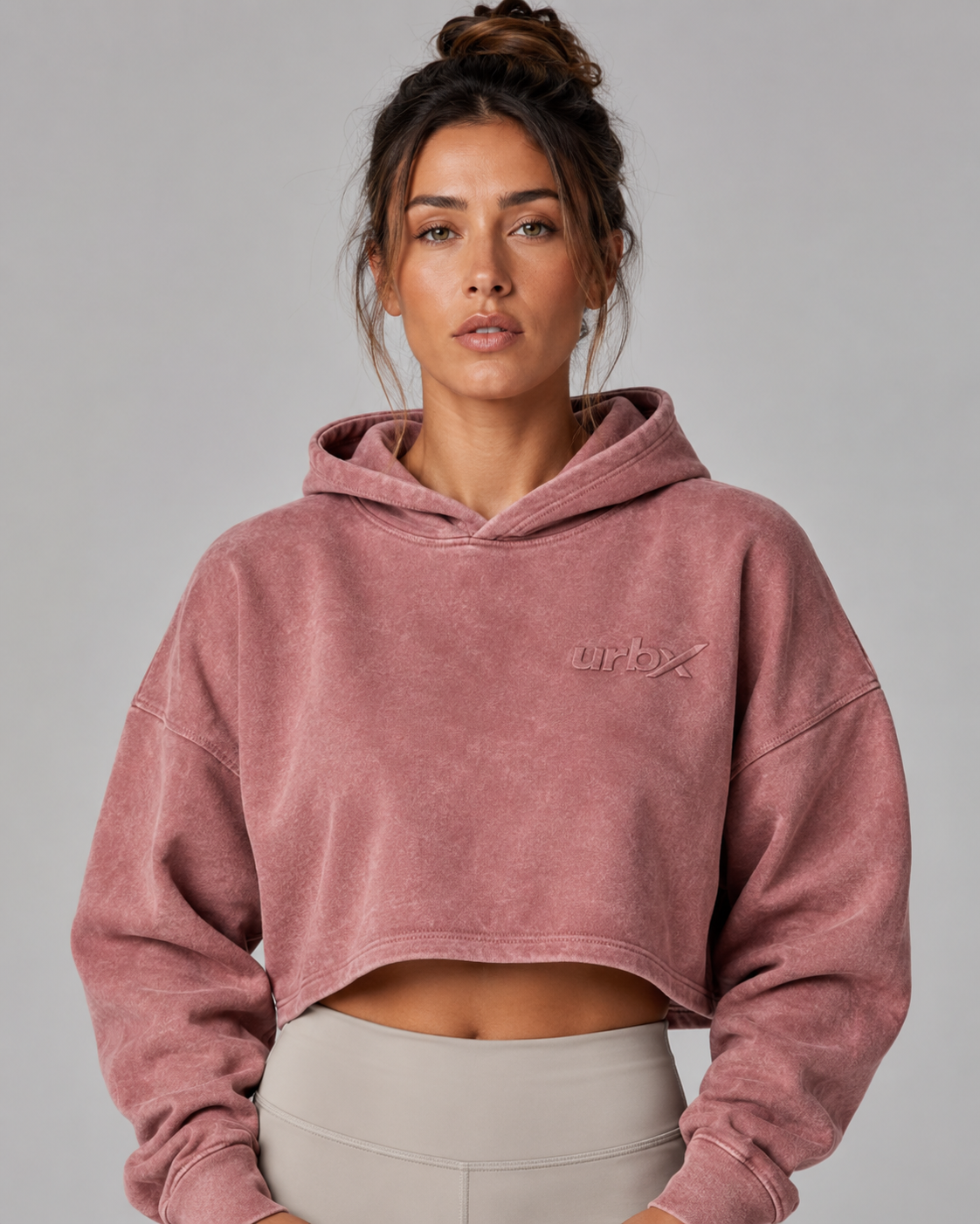 URBX Washed Cropped Oversized Hoodie Dusty Rose - Front close-up view
