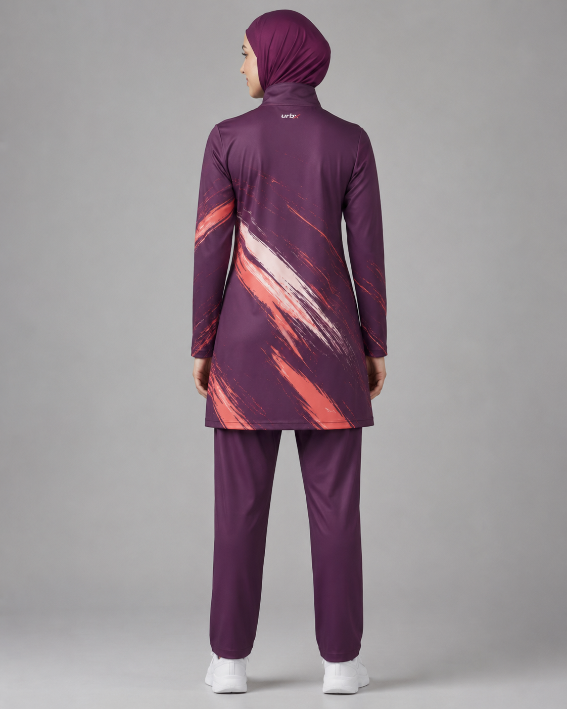 URBX Graphic Modest Activewear Set Deep Plum – Back walking angle view