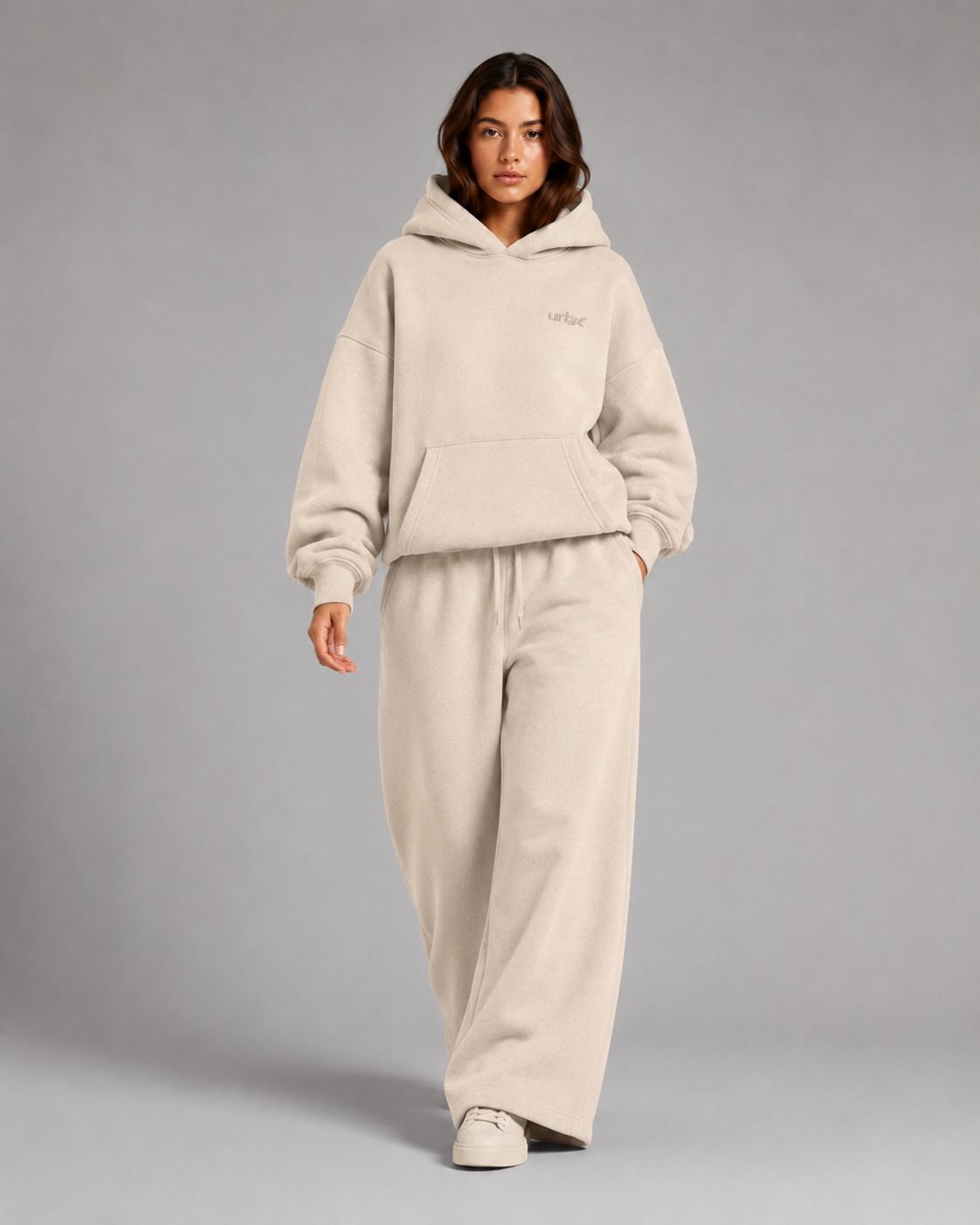 URBX Heavyweight Oversized Loungewear Set Oatmeal - Walking lifestyle view