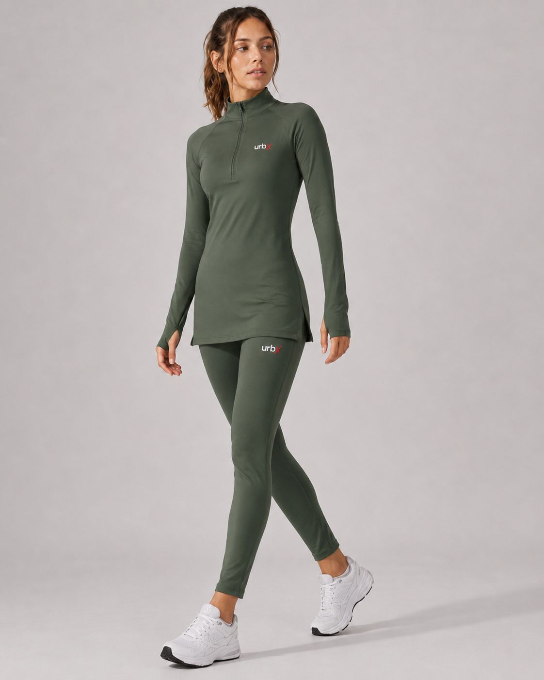 URBX Modest Quarter-Zip Training Set Forest Green - Walking Front View