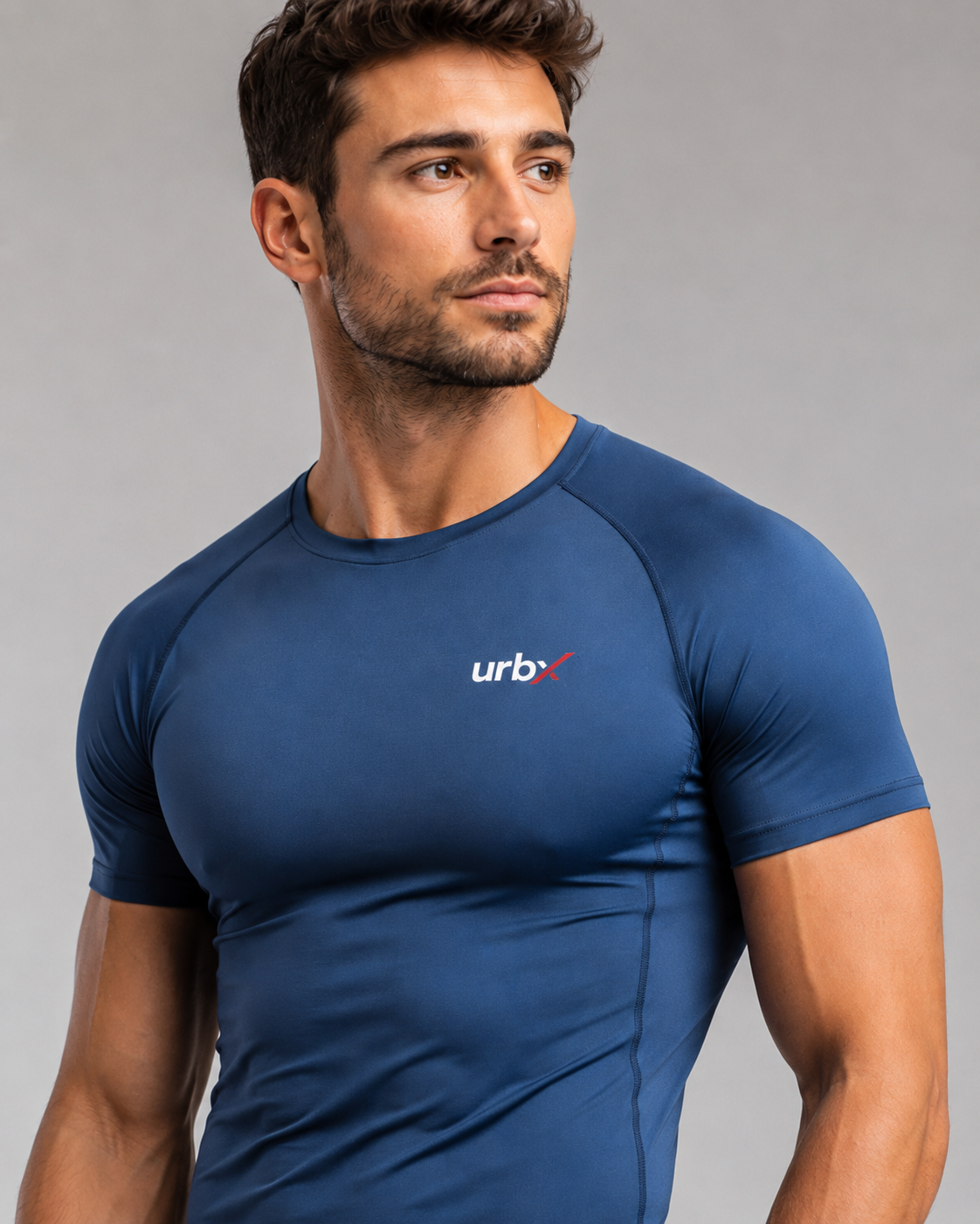 URBX Compression Base Layer Tee Navy Blue - Chest logo close up