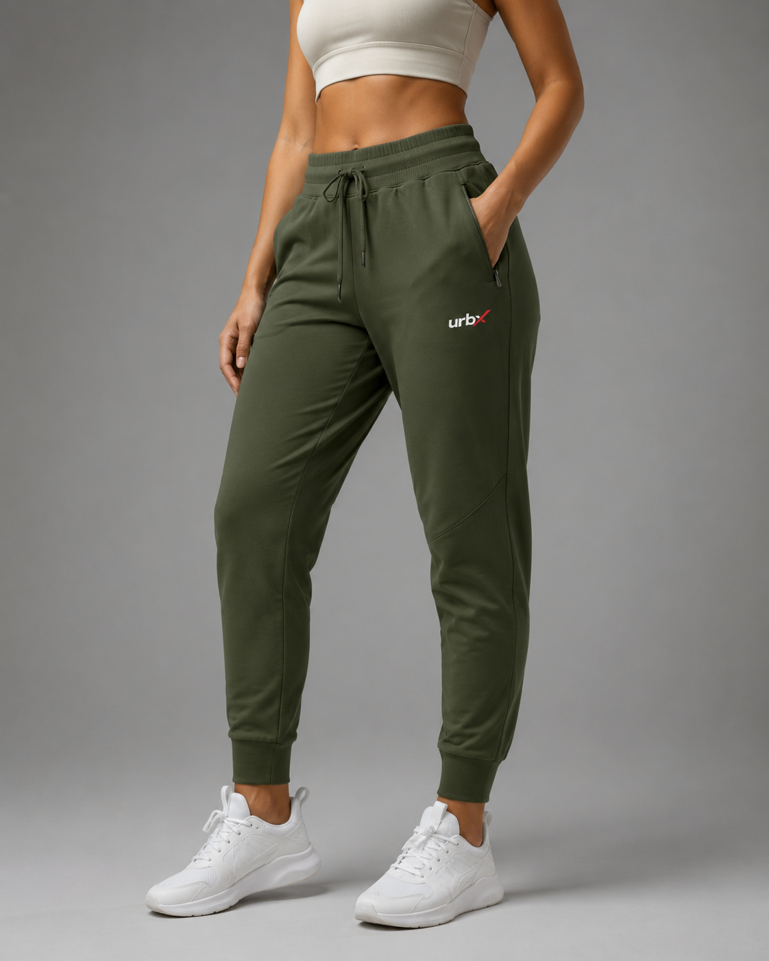 URBX Women Tapered Training Pants Olive - Front Hands in Pockets