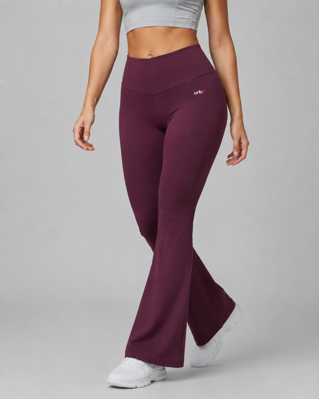 URBX High Waist Flare Leggings Deep Plum - Walking front angle