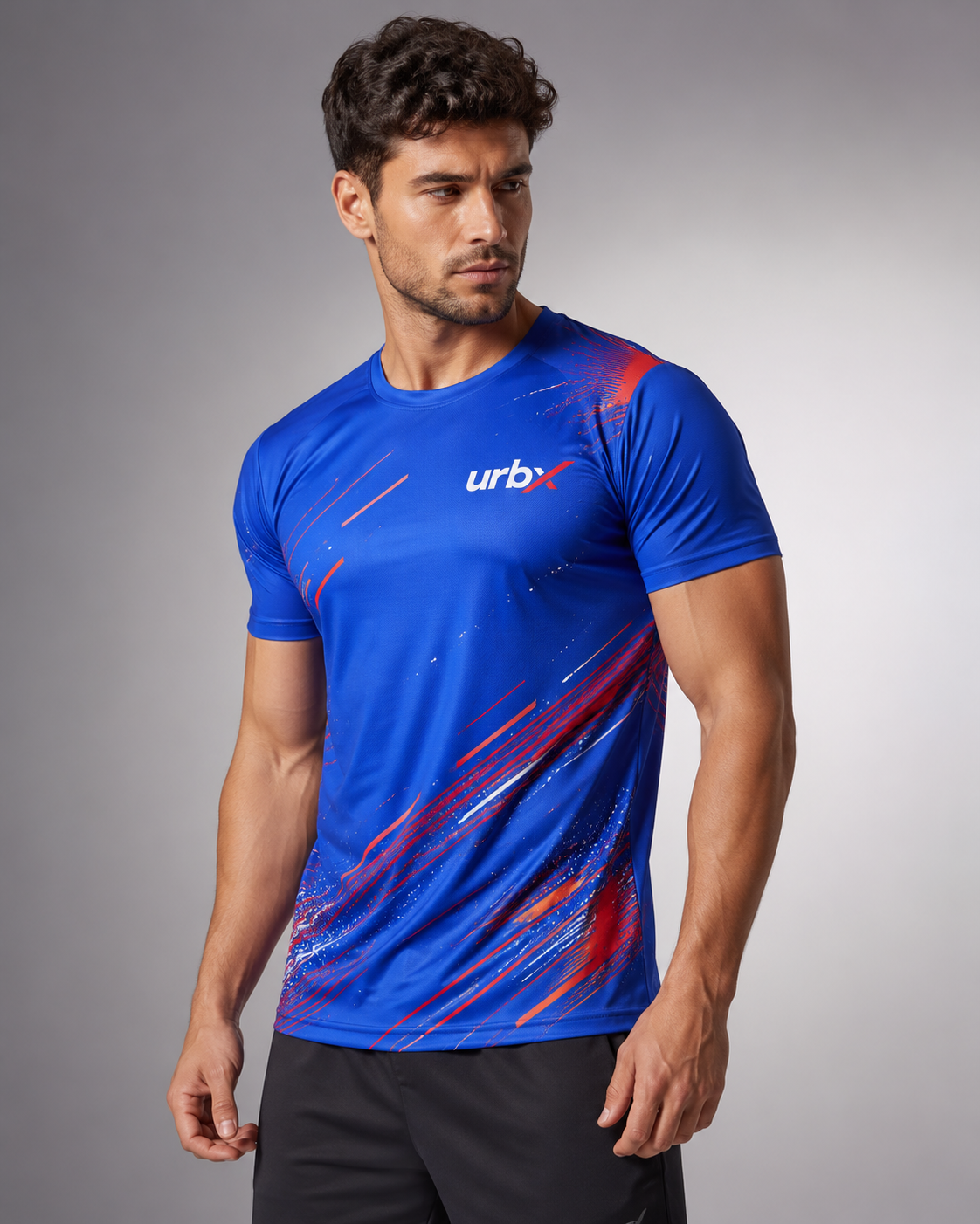 URBX Graphic Performance Tee Electric Blue – Front angle view