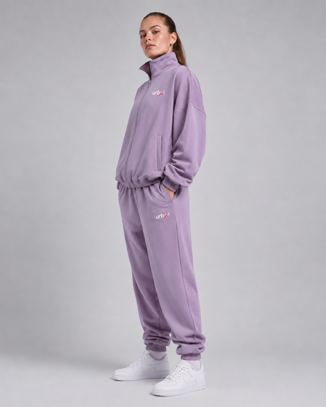 URBX Oversized Tracksuit Lavender - Side profile right hand in pocket