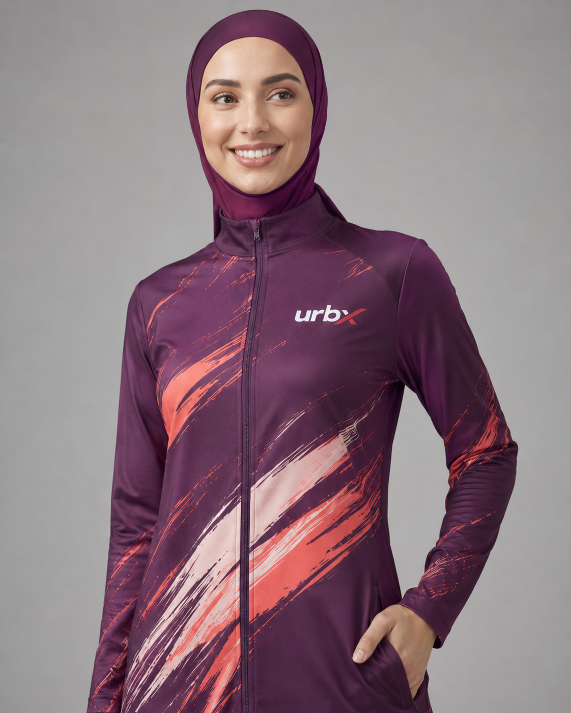 URBX Graphic Modest Activewear Set Deep Plum – Front three-quarter view
