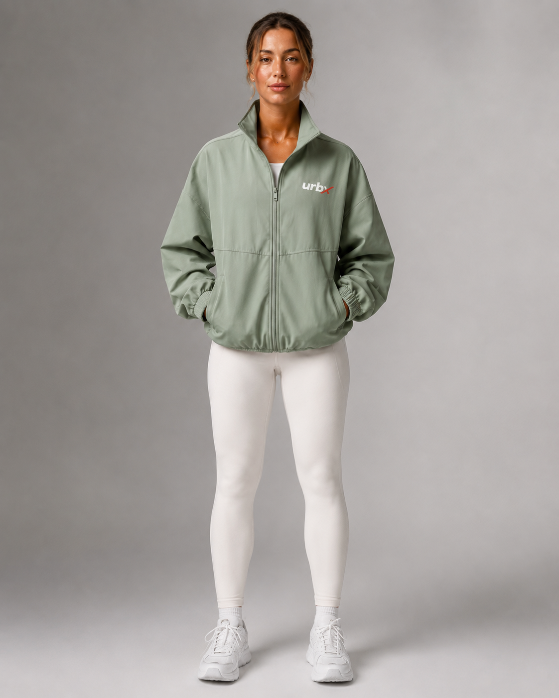 URBX Oversized Zip Jacket Sage Green - Front straight full body