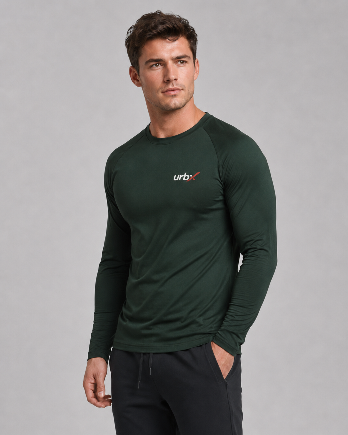 URBX Long Sleeve Performance Top Forest Green – Front relaxed pose