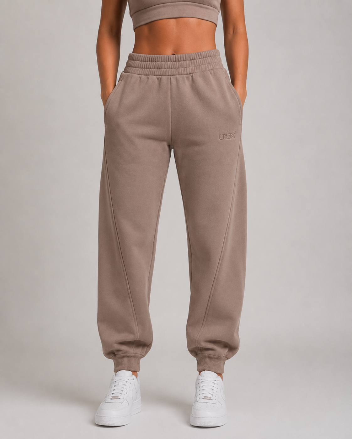 URBX Heavyweight High-Waist Joggers Taupe - Front view hands in pockets
