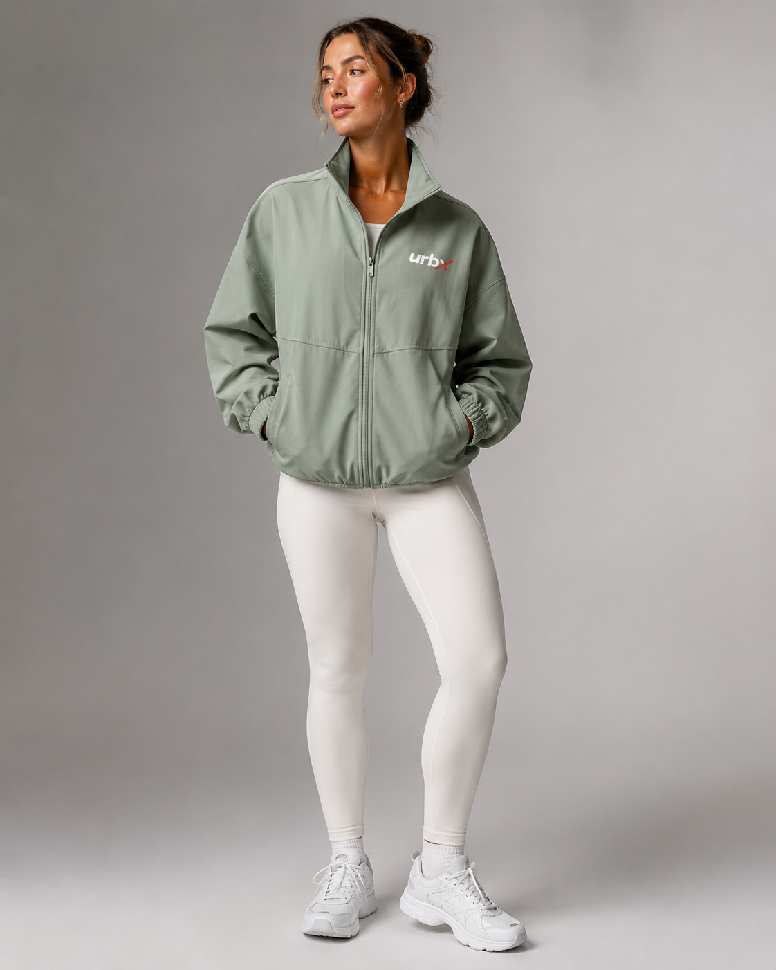 URBX Oversized Zip Jacket Sage Green - Front angle left full body