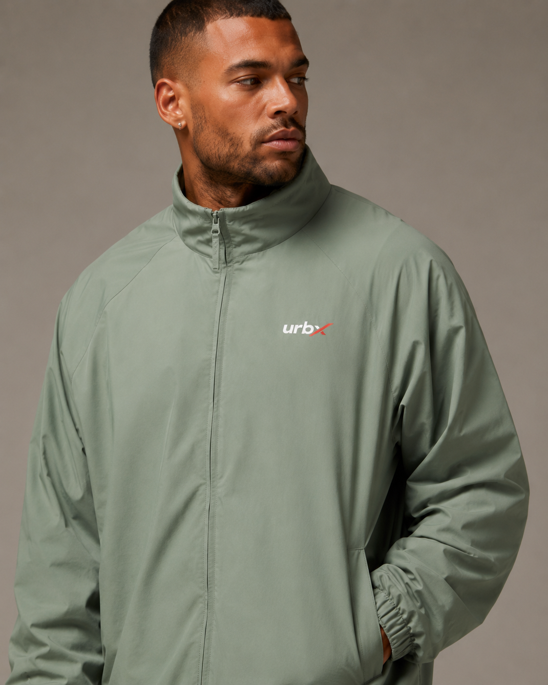 URBX Woven Zip Jacket Sage Green - Front straight