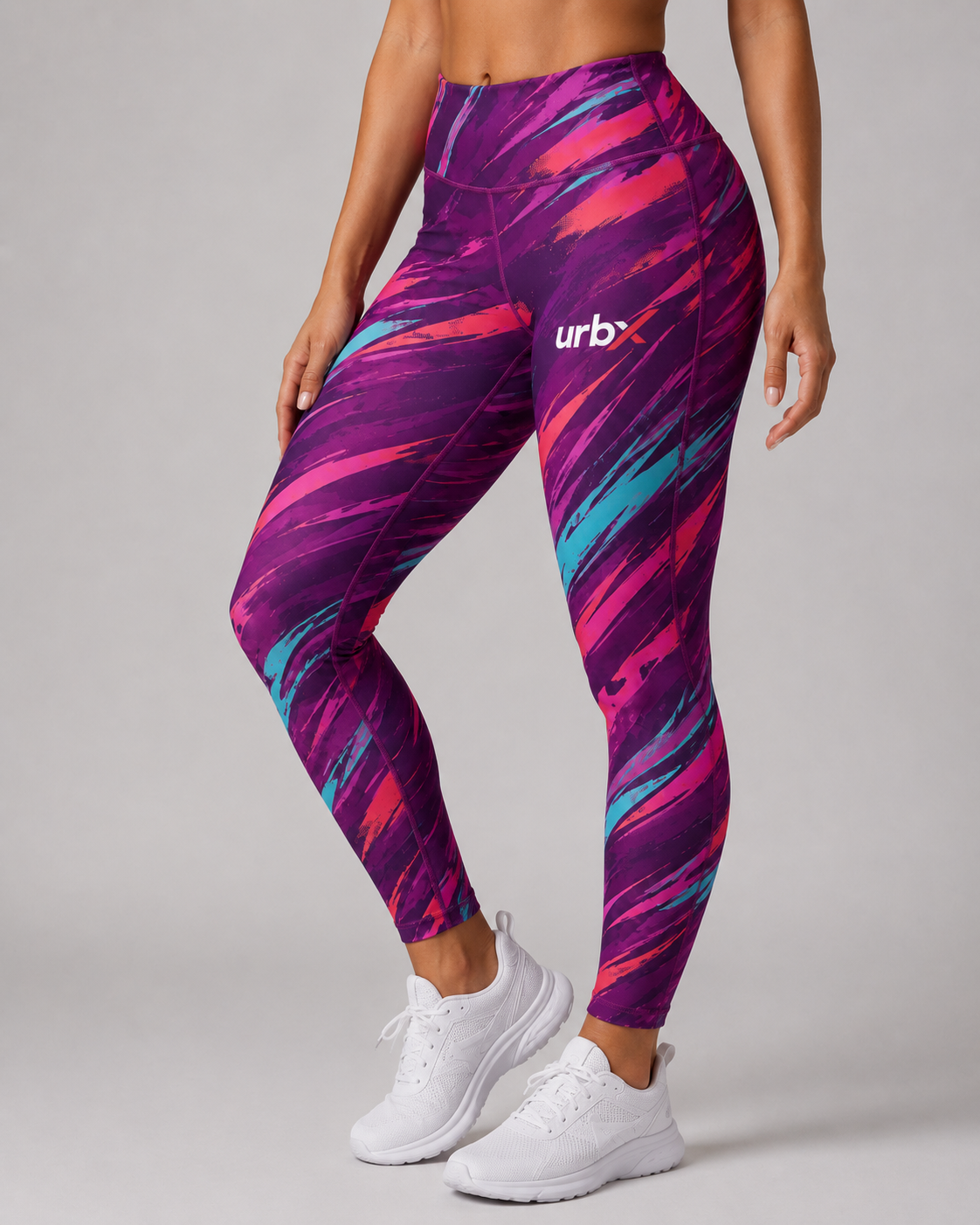 URBX Graphic High-Waist Leggings Deep Purple – Front angle view