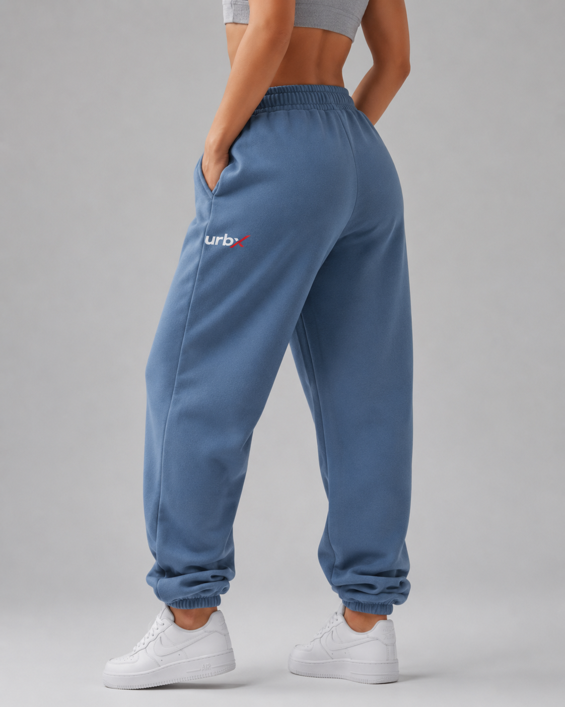 URBX Oversized Fleece Joggers Steel Blue - Back three quarter angle