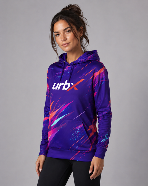 URBX Graphic Performance Hoodie Deep Purple – Front angle view 1