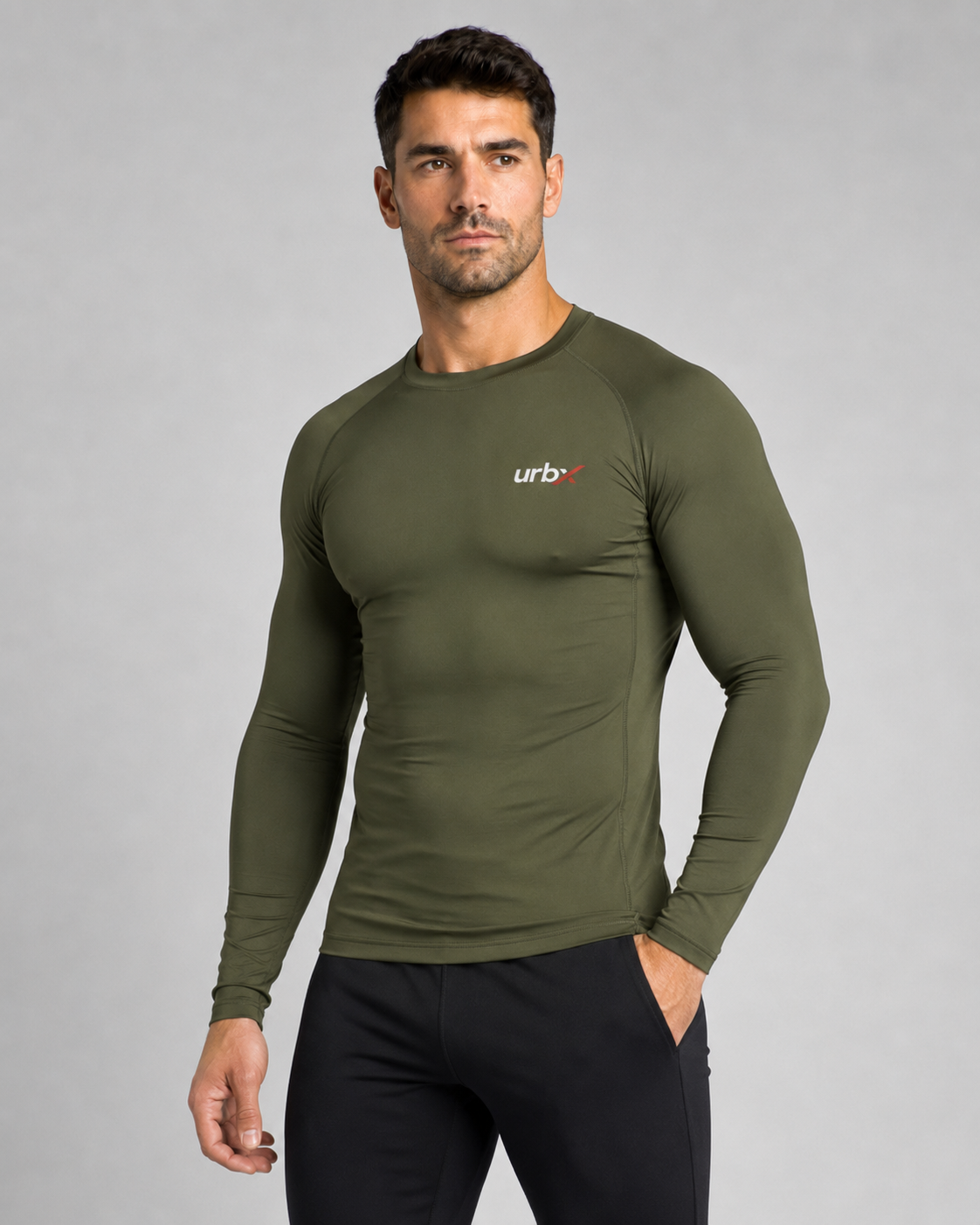 URBX Compression Base Layer Top Olive – Front angle view
