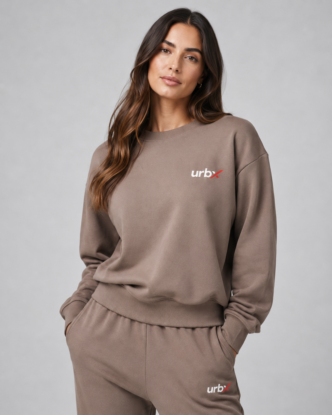 URBX Oversized Crewneck Lounge Set Mocha - Front close up chest logo
